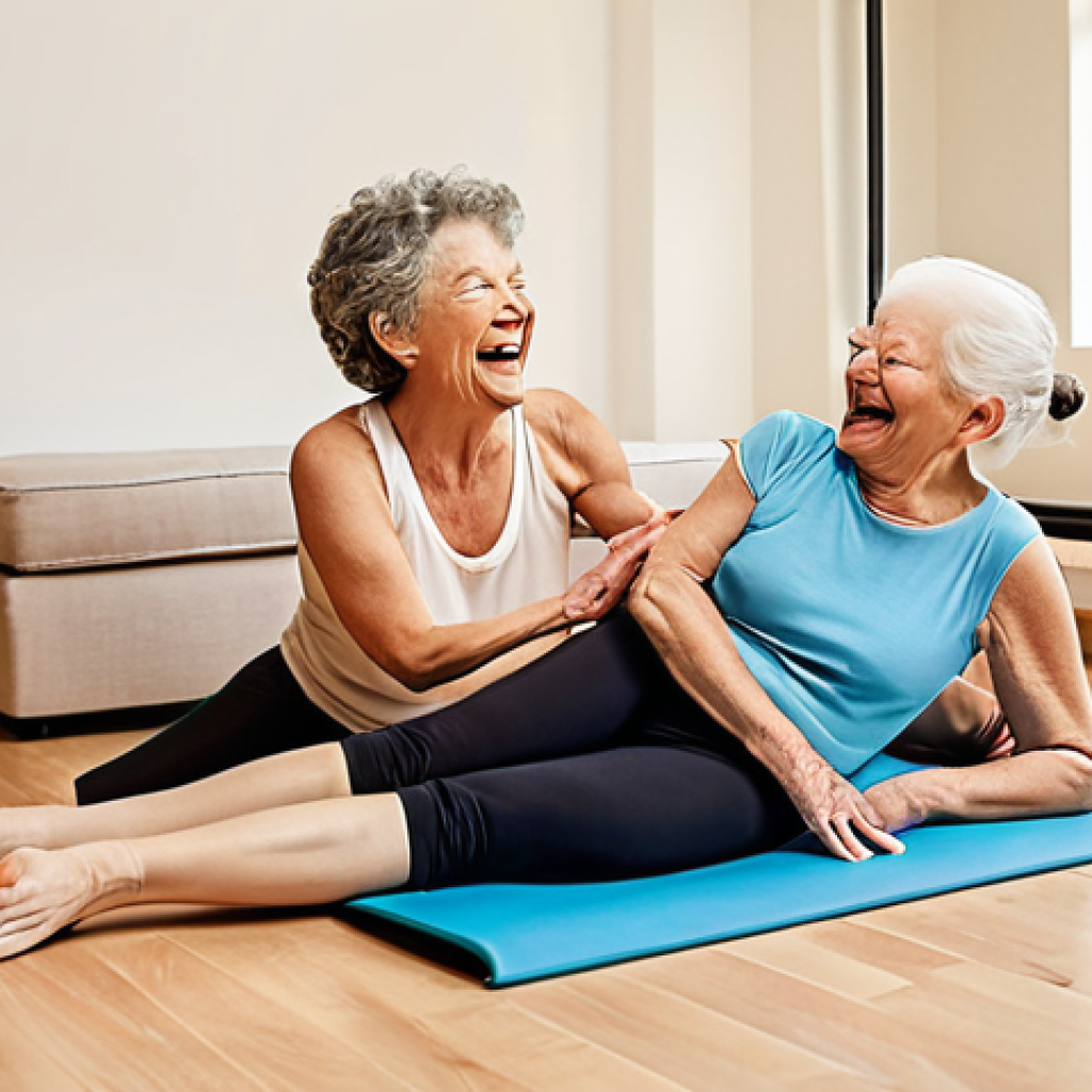A warm, inviting image of an intergenerational family (adult children and older parents) happily engaged in a Pilates session together. Show them laughing, supporting each other, and performing gentle, mindful movements. The setting is a bright, airy studio or a spacious home living room, filled with natural light, emphasizing connection and shared joy.