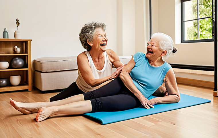 A warm, inviting image of an intergenerational family (adult children and older parents) happily engaged in a Pilates session together. Show them laughing, supporting each other, and performing gentle, mindful movements. The setting is a bright, airy studio or a spacious home living room, filled with natural light, emphasizing connection and shared joy.