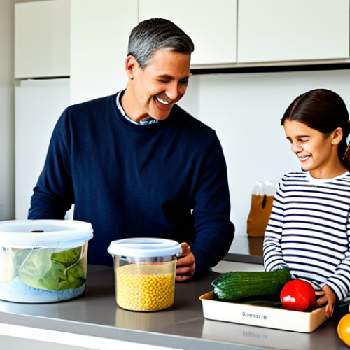 Home 8 A cheerful, diverse family, consisting of a mother, father, and two children (approx. 8 and 12 years old), fully clothed in modest, comfortable, casual attire. They are gathered around a kitchen counter in a bright, clean, and organized modern kitchen. The parents are helping the children sort various recyclable materials (paper, plastic, glass containers) into clearly labeled bins. One child holds a reusable shopping bag filled with fresh, unpackaged produce, while the other places a glass jar into a recycling bin. The kitchen is well-lit with natural light, featuring simple, clean lines and perhaps a plant on the counter. The atmosphere is warm, collaborative, and educational. professional photography, high resolution, soft natural lighting, vibrant colors, detailed textures, perfect anatomy, correct proportions, natural pose, well-formed hands, proper finger count, natural body proportions, safe for work, appropriate content, fully clothed, modest clothing, family-friendly.
