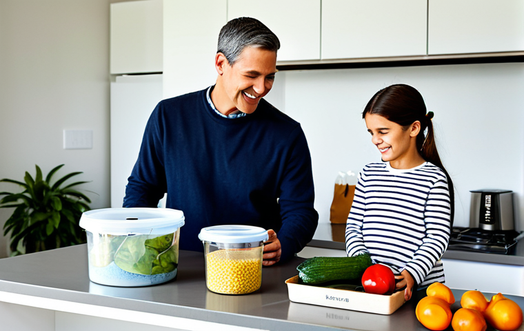 A cheerful, diverse family, consisting of a mother, father, and two children (approx. 8 and 12 years old), fully clothed in modest, comfortable, casual attire. They are gathered around a kitchen counter in a bright, clean, and organized modern kitchen. The parents are helping the children sort various recyclable materials (paper, plastic, glass containers) into clearly labeled bins. One child holds a reusable shopping bag filled with fresh, unpackaged produce, while the other places a glass jar into a recycling bin. The kitchen is well-lit with natural light, featuring simple, clean lines and perhaps a plant on the counter. The atmosphere is warm, collaborative, and educational. professional photography, high resolution, soft natural lighting, vibrant colors, detailed textures, perfect anatomy, correct proportions, natural pose, well-formed hands, proper finger count, natural body proportions, safe for work, appropriate content, fully clothed, modest clothing, family-friendly.