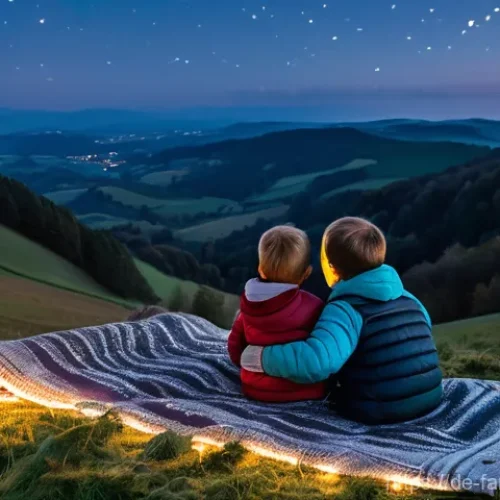 가족과 함께하는 별자리 관찰 - **Prompt**: A German family, consisting of a mother, father, and two children (approx. 8 and 12 year...