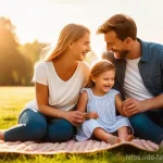 가족과 함께하는 스마트폰 사진 촬영 팁 - **Prompt:** A heartwarming family moment in a German park during the "golden hour." A young German f...