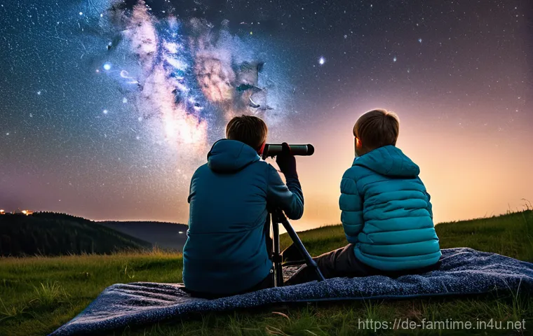 아이와 함께하는 천문 관측 - **A German family stargazing in a designated "Sternenpark" (Dark Sky Park) like the Rhön Biosphere R...