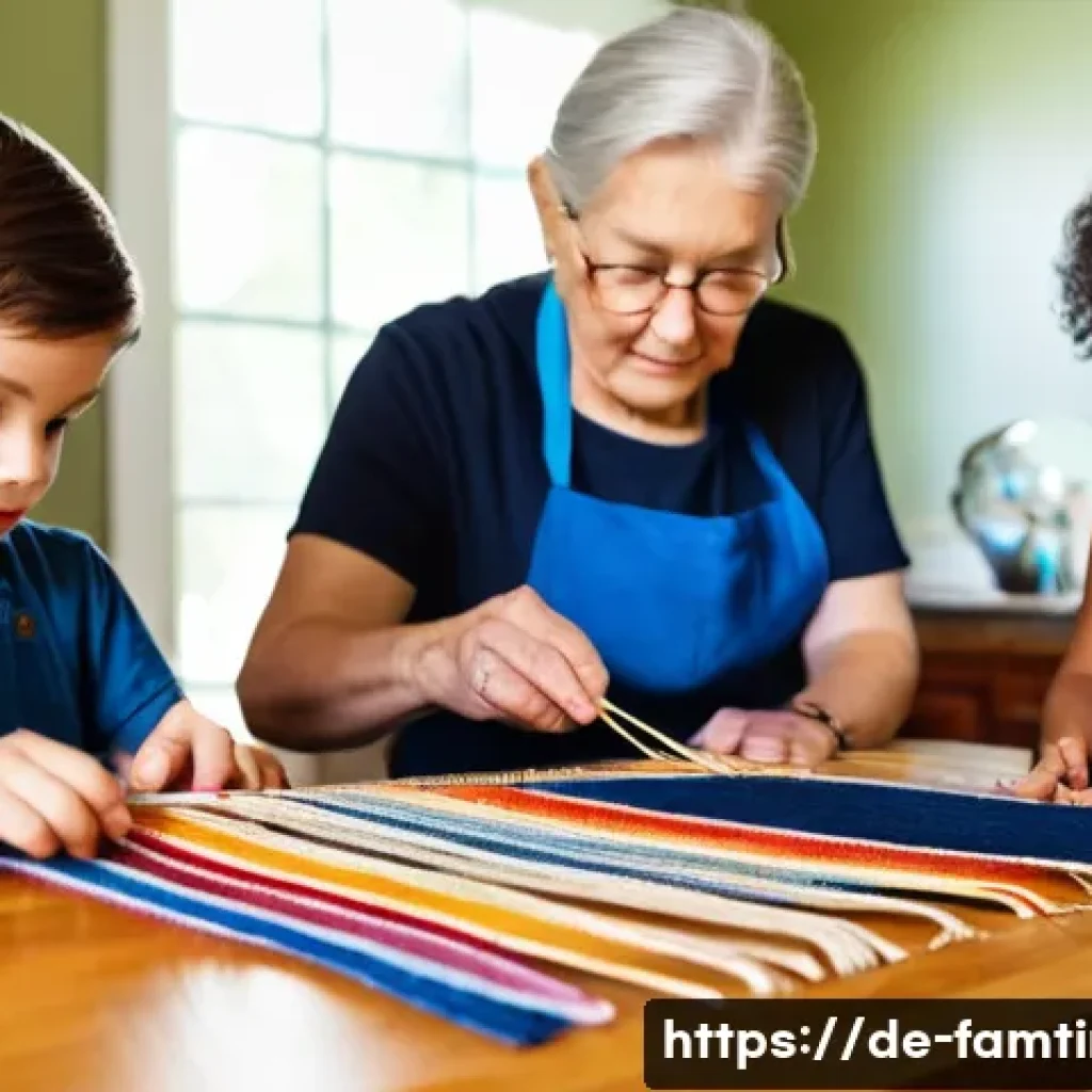 가족과 함께하는 전통 공예 배우기 - **Prompt:** A cozy, well-lit living room, bathed in warm, natural light. A multi-generational family...