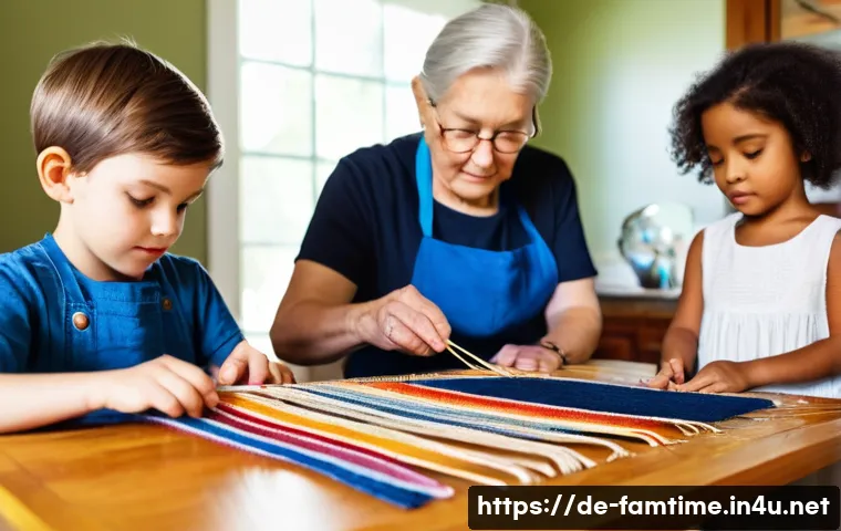 가족과 함께하는 전통 공예 배우기 - **Prompt:** A cozy, well-lit living room, bathed in warm, natural light. A multi-generational family...