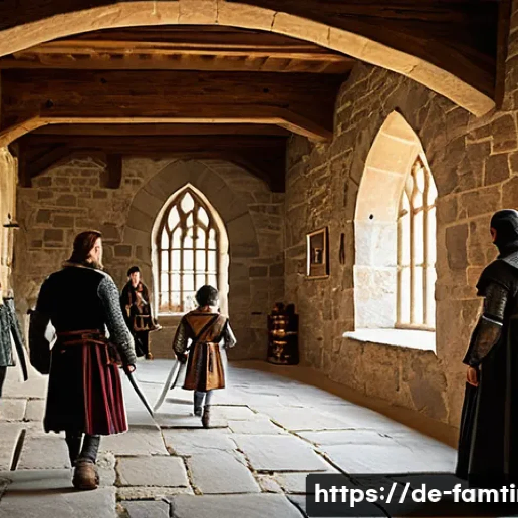 가족과 함께하는 역사 여행지 - A detailed scene of a medieval German castle interior during a family tour: stone walls, arched wood...
