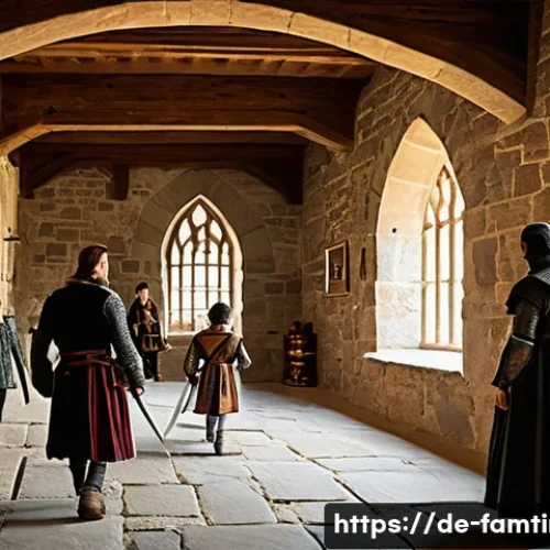 가족과 함께하는 역사 여행지 - A detailed scene of a medieval German castle interior during a family tour: stone walls, arched wood...