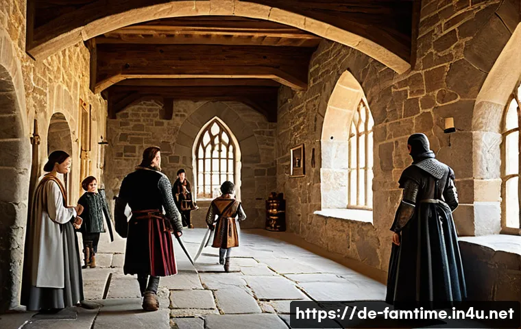 가족과 함께하는 역사 여행지 - A detailed scene of a medieval German castle interior during a family tour: stone walls, arched wood...