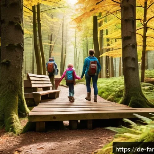 Home 28 주말 가족 나들이 장소 - A vibrant family hiking scene in the Bavarian Forest during autumn, featuring a well-marked trail wi...
