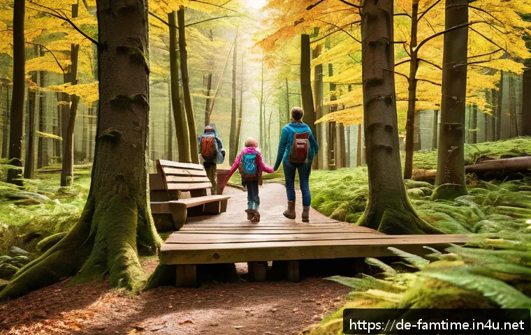 주말 가족 나들이 장소 - A vibrant family hiking scene in the Bavarian Forest during autumn, featuring a well-marked trail wi...