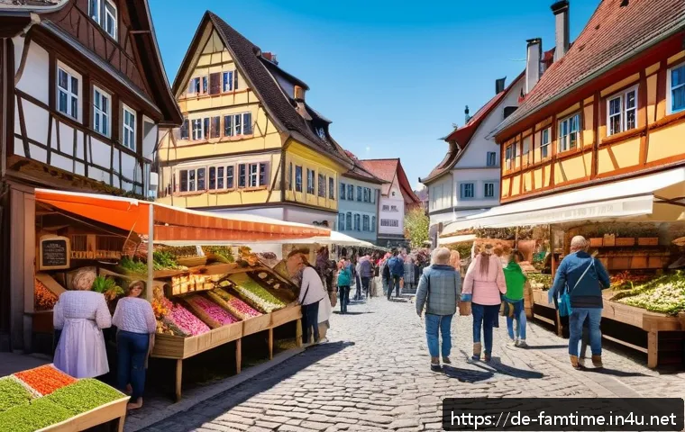 온 가족이 함께하는 지역 축제 탐방 - A vibrant traditional spring market scene in a charming Bavarian town, featuring colorful stalls wit...