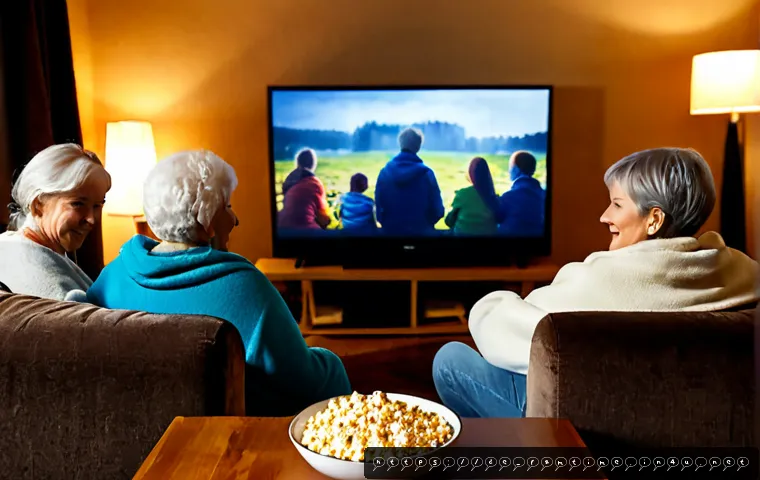 Home 17 부모님과 함께하는 영화 마라톤 - Photorealistic cozy German family movie marathon in a warm living room, elderly parents and adult ch...
