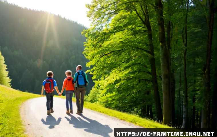 가족과 함께하는 도보 여행 - Photorealistic family walking holiday in the German countryside, two parents and two school-age chil...