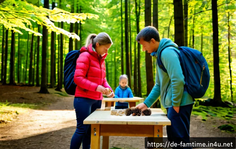 가족과 함께하는 숲 체험 프로그램 - Photorealistic family forest discovery program in a sunlit German woodland, two parents and two scho...