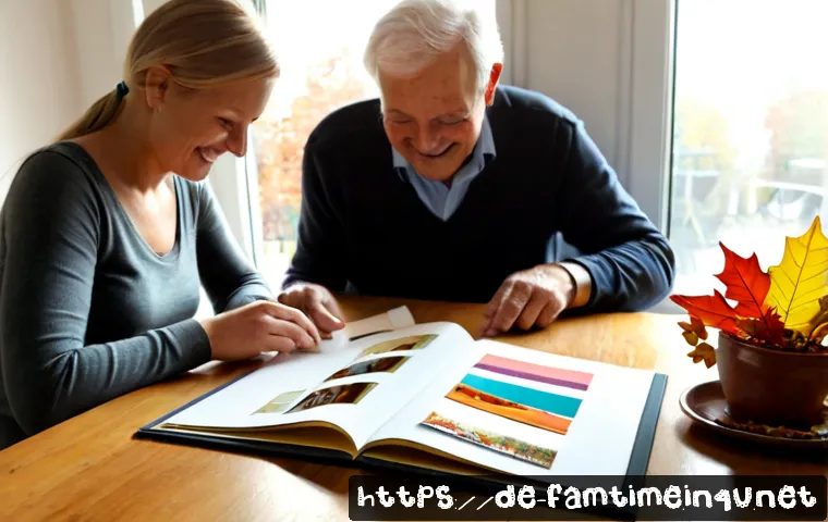 가족과 만드는 추억의 스크랩북 - Photorealistic cozy German family memory scrapbook activity at a sunlit wooden dining table, grandpa...